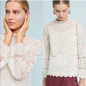 James Coviello Anthropologie Alice Ivory Lace Blouse Scallop Hem size 0 xs